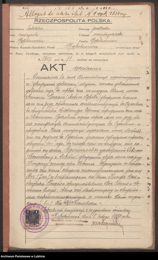 Obraz z jednostki "Alegaty do aktów stanu cywilnego z roku 1938"
