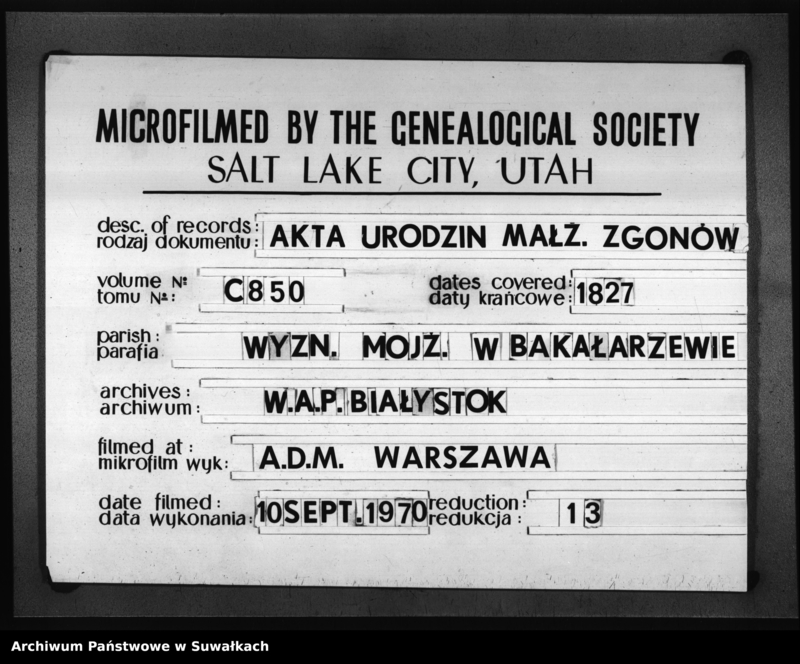 image.from.unit.number "Akta Urodzonych, Umarłych i Zaślubionych Urzędnika Stanu Cywilnego Wyznania Mojżeszowego Okręgu Bakałarzewo pro 1827"