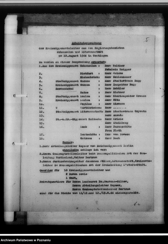 Obraz 12 z jednostki "Arbeitsbesprechung der Sippenamtsleiter in Gostingen [Gostyń, porządek obrad i sprawozdanie z zebrania kierowników powiatowych urzędów do spraw genealogicznych z terenu województwa poznańskiego]"