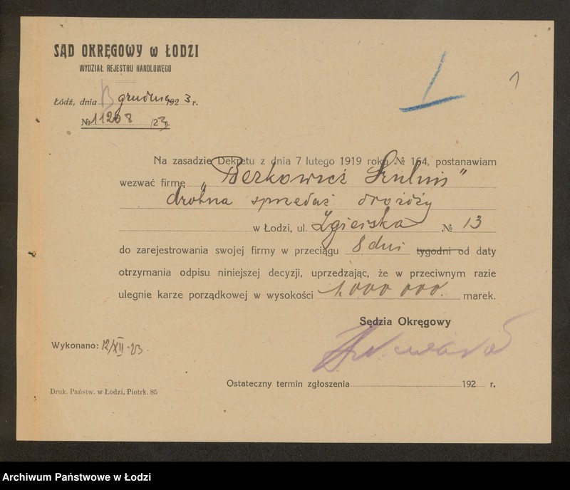 Obraz 3 z jednostki "Szulim Berkowicz – sprzedaż drożdzy"