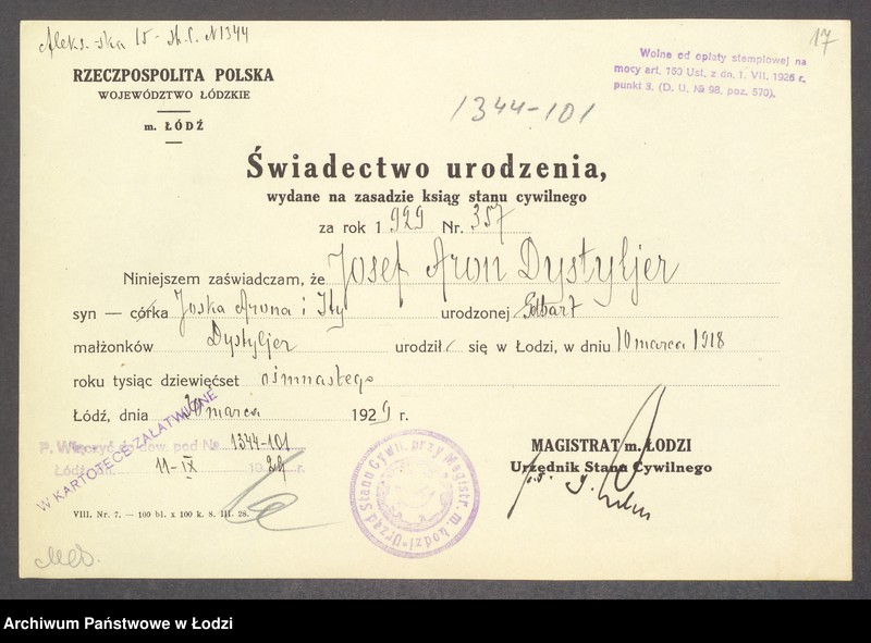 Obraz 19 z jednostki "Dowody metrykalne stałych mieszkańców m. Łodzi nr domu 1344-1347"