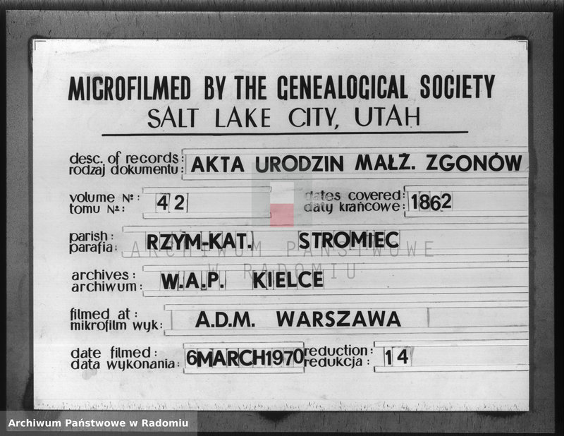 image.from.unit.number "Dupplikat akt religijno cywilnych urodzenia, małżeństwa i zejścia z parafii Stromiec 1862 roku"