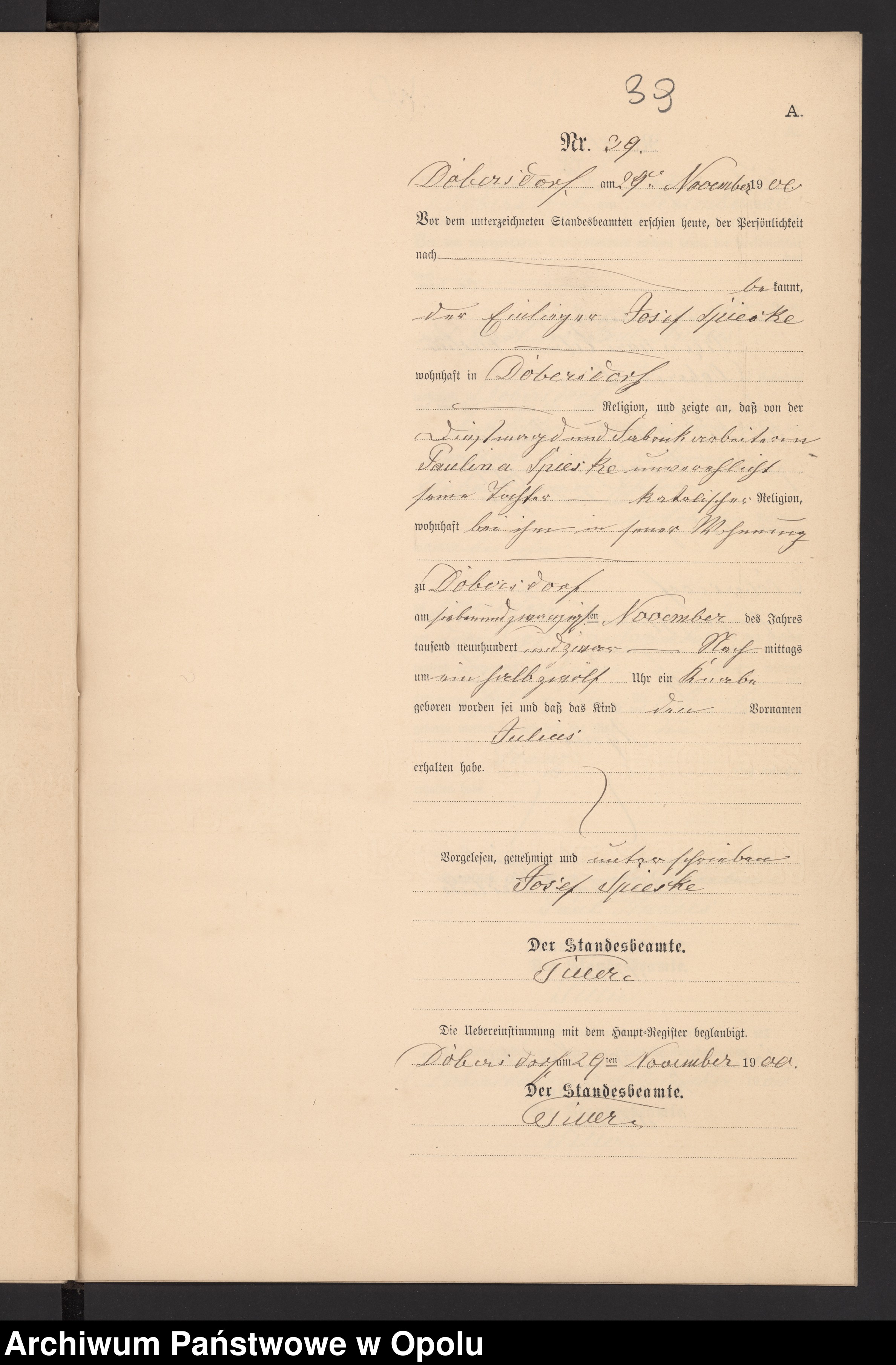 Skan z jednostki: Geburts-Neben-Register Standesamts Dobersdorf pro 1900