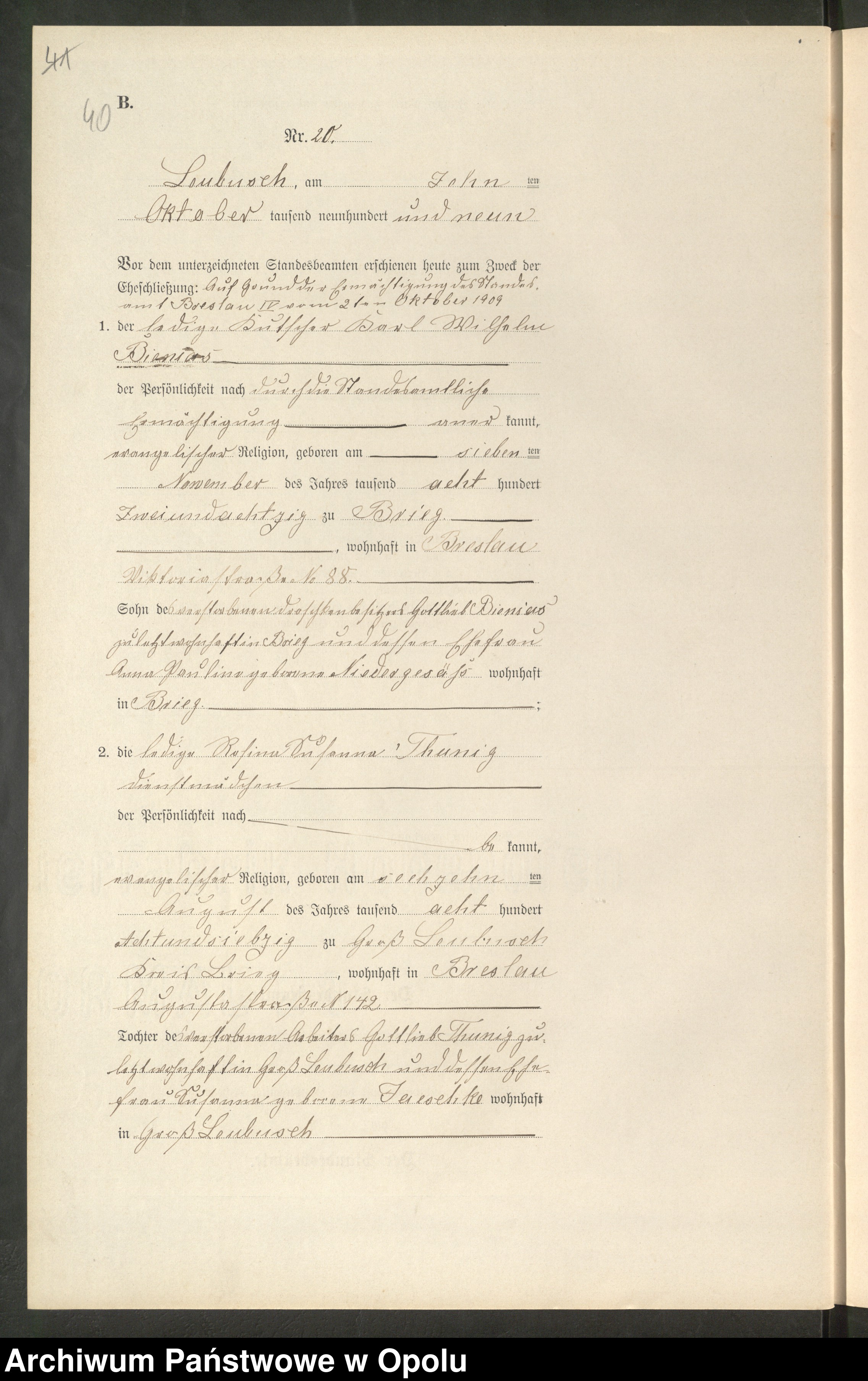 Skan z jednostki: Heiraths-Register (Neben-Register) Standesamt Leubusch 1909