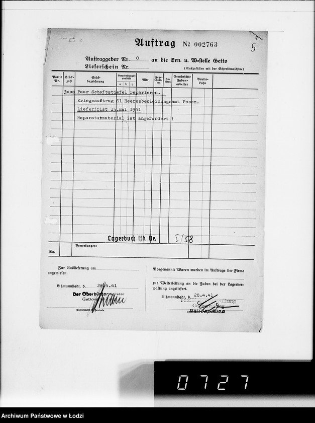 Obraz 9 z jednostki "Heeresbekleidungsamt Posen.Kriegsauftrag s.1/2"