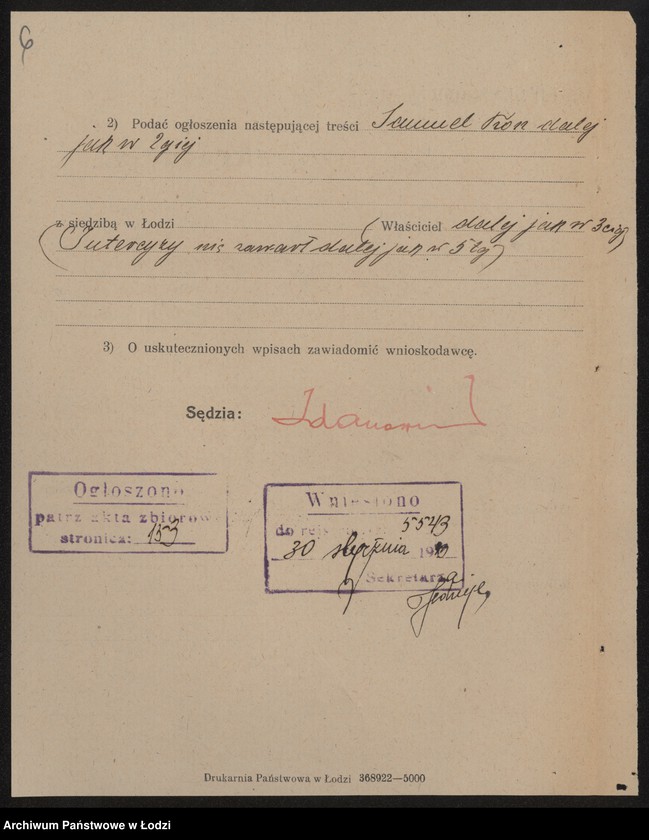 Obraz 8 z jednostki "Samuel Kon- sprzedaż towarów manufakturowych, galanterii i gotowej garderoby"