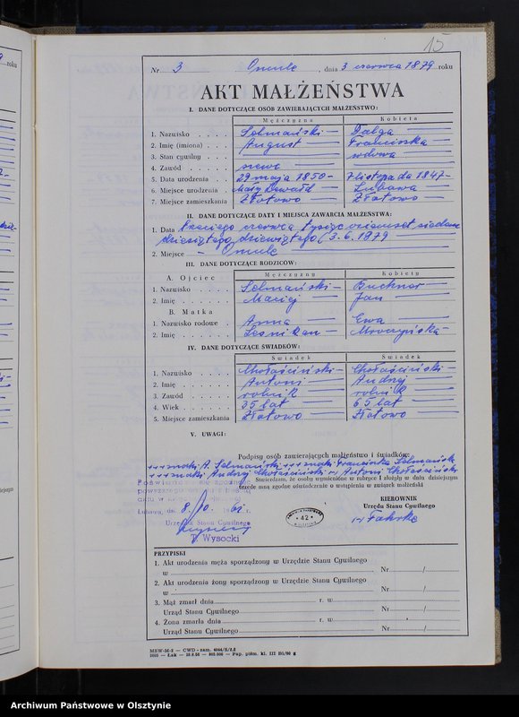 Obraz 17 z jednostki "Księga małżeństw Nr 1 - 12,1 - 9,1 - 15,1 - 12,1 - 17 i 1 - 15 /brak lat 1880 - 1882/ /przepisana w języku polskim z oryginału niemieckiego w dniach 8.10.-11.10.1961/"