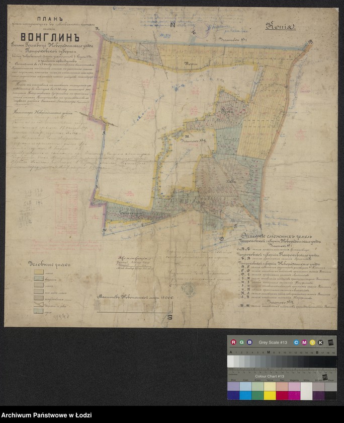 Obraz 1 z jednostki "Plan˝ zemel postupivšich˝ v sobstvennost ˝ krest´jan selenija Venglin˝, gminy Goslavice, novoradomskago uezda ... v˝ silu dobrovolnoi sdel´ki zaključennoi o zamene servitutov"
