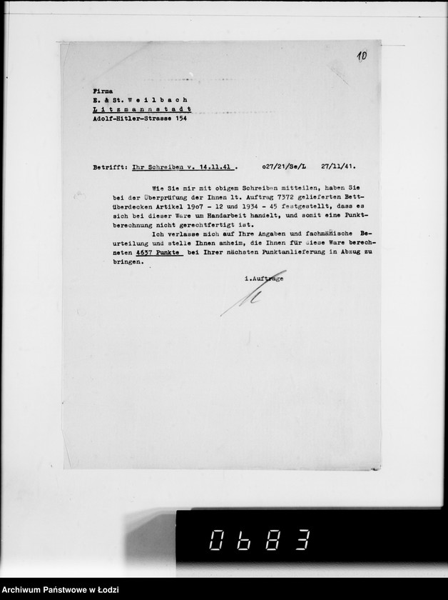 Obraz 14 z jednostki "F-ma St.Weilbach Litzmannstadt II Warenverwertung an den Juden Ältesten. 300 Stck.Teppiche"