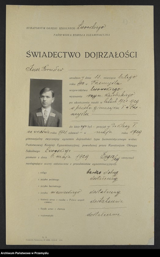 Obraz 5 z kolekcji "Matura - świadectwa dojrzałości w dwudziestoleciu międzywojennym111"