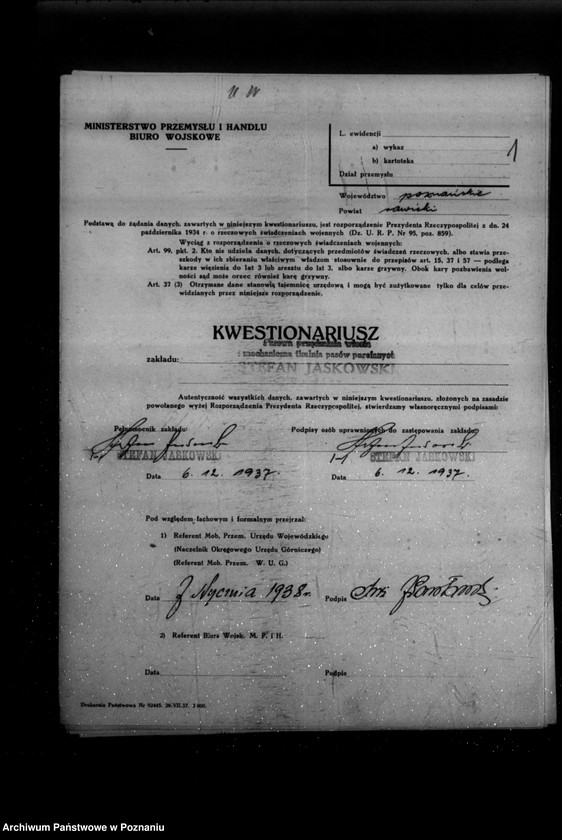 Obraz 4 z jednostki "Kwestionariusz Parowej Przędzalni Włosia i Mechanicznej Tkalni Pasów Parcianych St. Jaskowskiego w Rawiczu"