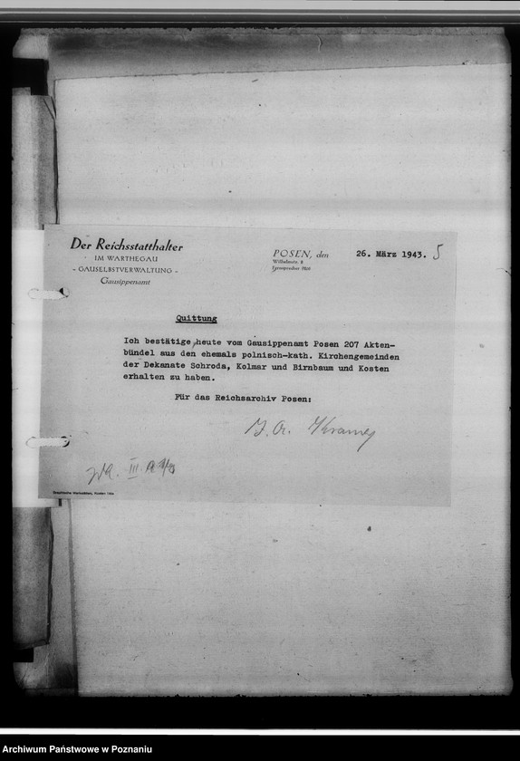 Obraz 9 z jednostki "[Korespondencja w sprawie przekazania teczki z rycinami Grottgera, książek polskich oraz szczątków fragmentarycznych akt polsko-katolickich gmin kościelnych z dekanatów: Środa, Chodzież, Międzychód oraz Kościan]"