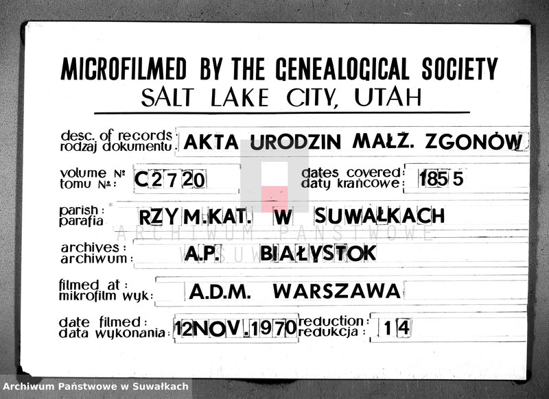 image.from.unit.number "Duplikat akt urodzeń, małżeństw i zgonów wyz. rzym. - kat. w Suwałkach 1855r."