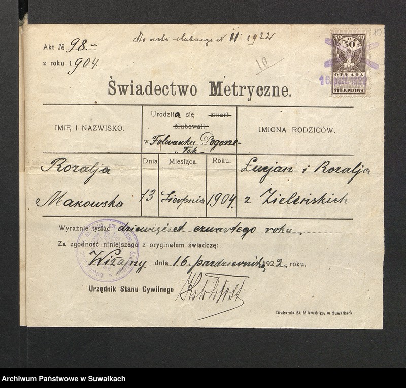 image.from.unit.number "Dokumenta so aktów ślubnych parafji Smolnickiej za 1922 rok"
