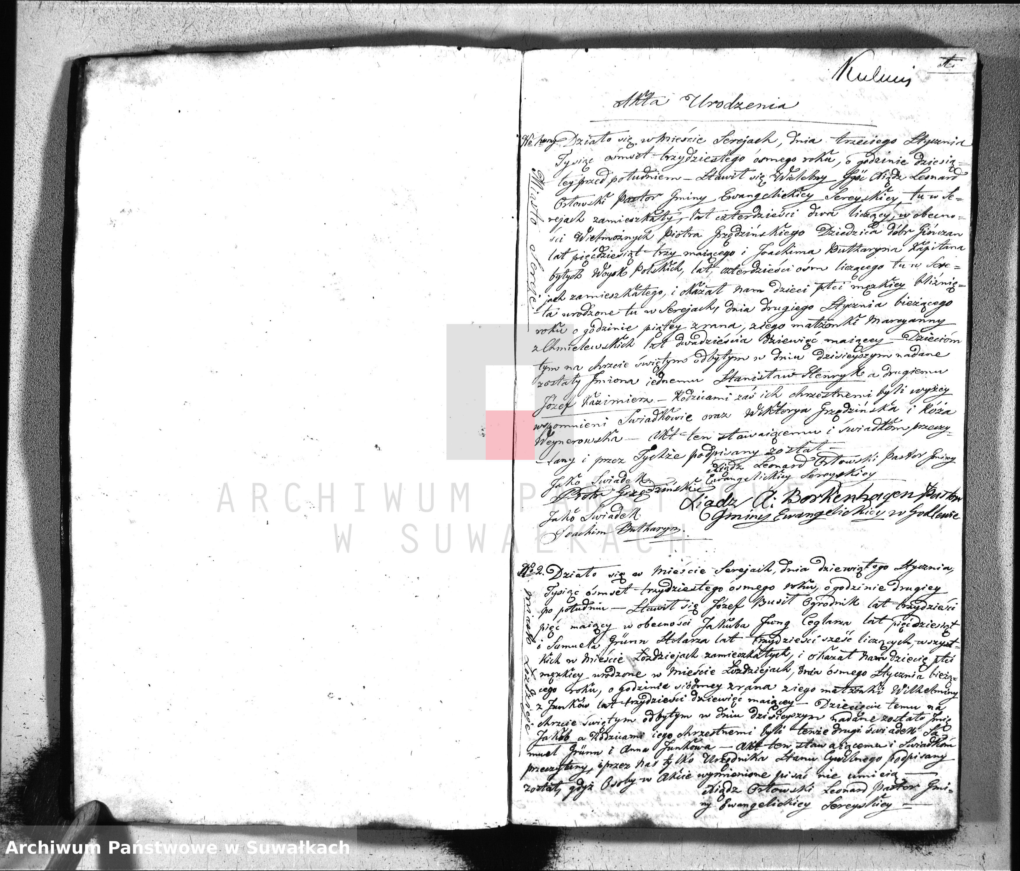 Skan z jednostki: Księga Duplikat do zapisywania Aktów Urodzenia, Ślubów i Zejścia dla Parafii Ewangelickiey Sereyskiey służąca na Rok 1838