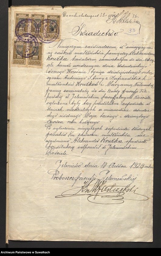image.from.unit.number "Dokumenty załączone do ślubnych aktów stanu cywilnego w parafji R. Kat. Filipowskiej w roku 1923"