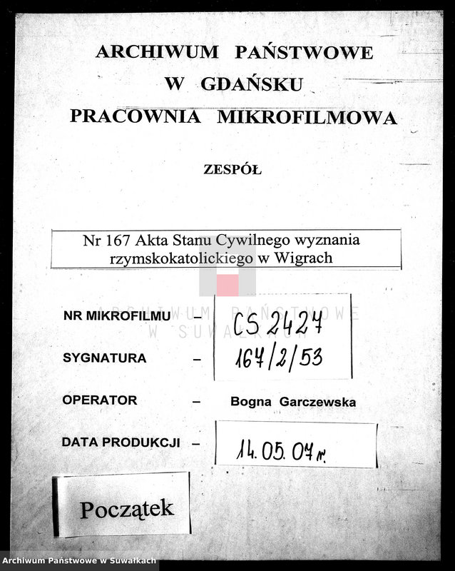 Obraz 1 z jednostki "[Dokumenty do akt małżeństw wyznania rzymsko-katolickiego parafii w Wigrach]"