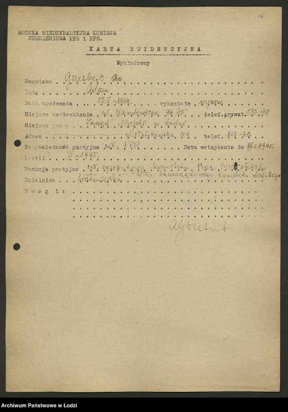 Obraz 17 z jednostki "Karty ewidencyjne wykładowców szkoły partyjnej /A-Z/"
