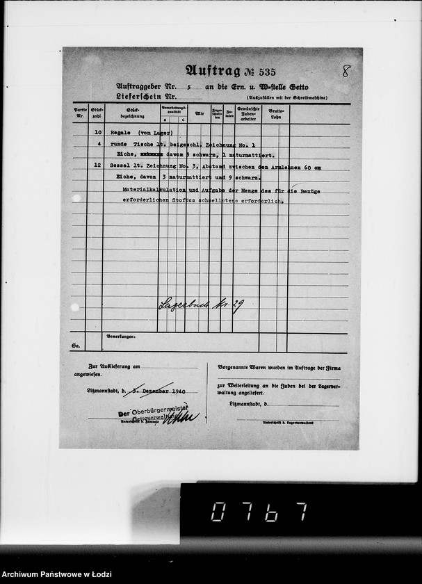 Obraz 12 z jednostki "Ausgelieferte und bezahlte Kommisionen Konto 1-6. [Wnioski na meble biurowe w zakładzie Getta w Łodzi]"