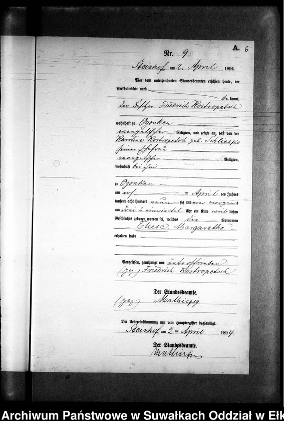 image.from.unit.number "Geburts-Neben-Register des Preussischen Standes-Amtes Gr. Strengeln Kreis Angerburg"