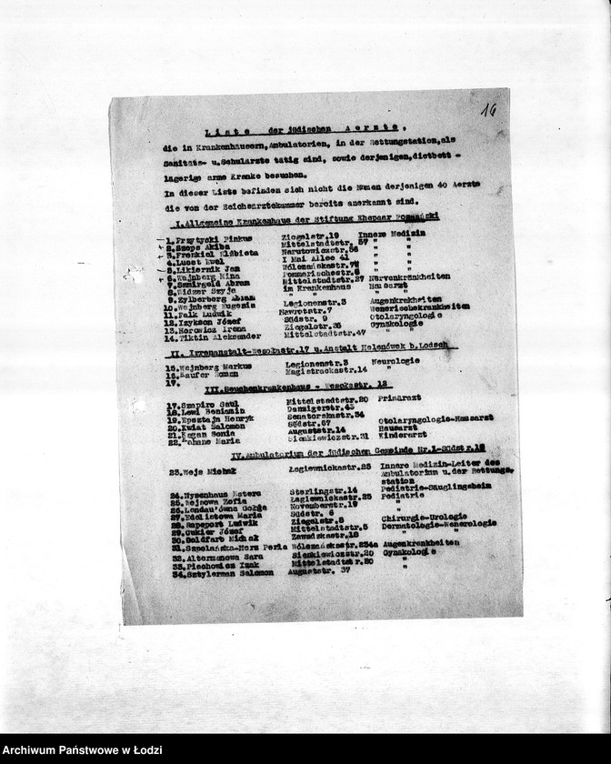 Obraz 19 z jednostki "Zdrowotność [M.in. zarządzenia dotyczące zdrowia ludności, zakładanie szpitali i ambulatoriów, walka z chorobami zakaźnymi, higiena getta, lekarze, inspektorzy sanitarni]"