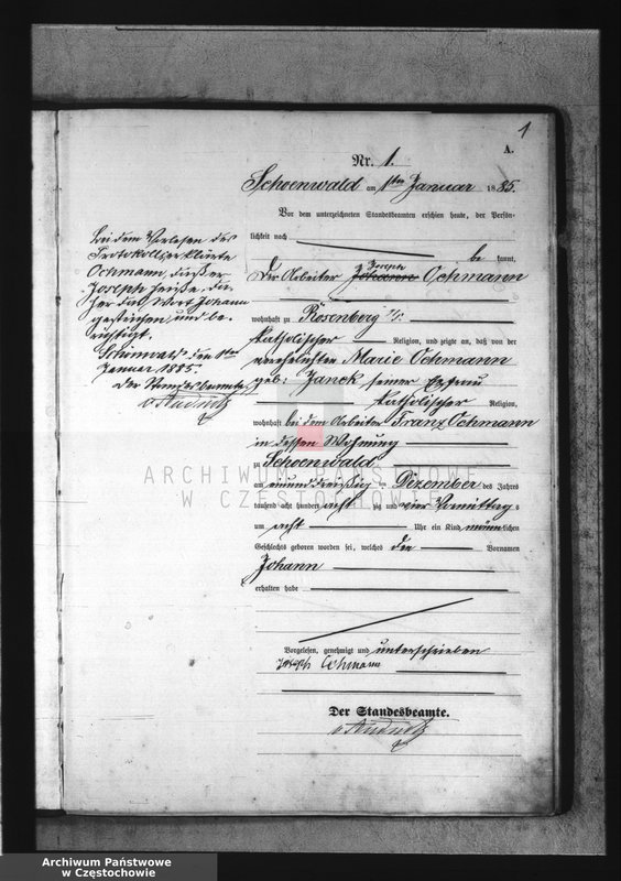 Obraz z jednostki "Geburts - Haupt Register des Könglich Preussischen Standesamts Schönwald im Kreise Rosenberg O/Schl. pro 1885."