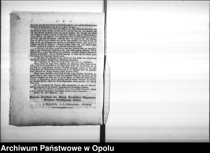 Obraz 20 z jednostki "Acta Generalia die Allgemeine Wittwen-Verpflegungs-Anstalt in Berlin, so wie die deshalb erlassenen Verordnungen und Bestimmungen, betreffend. Vol. I de anno 1818"