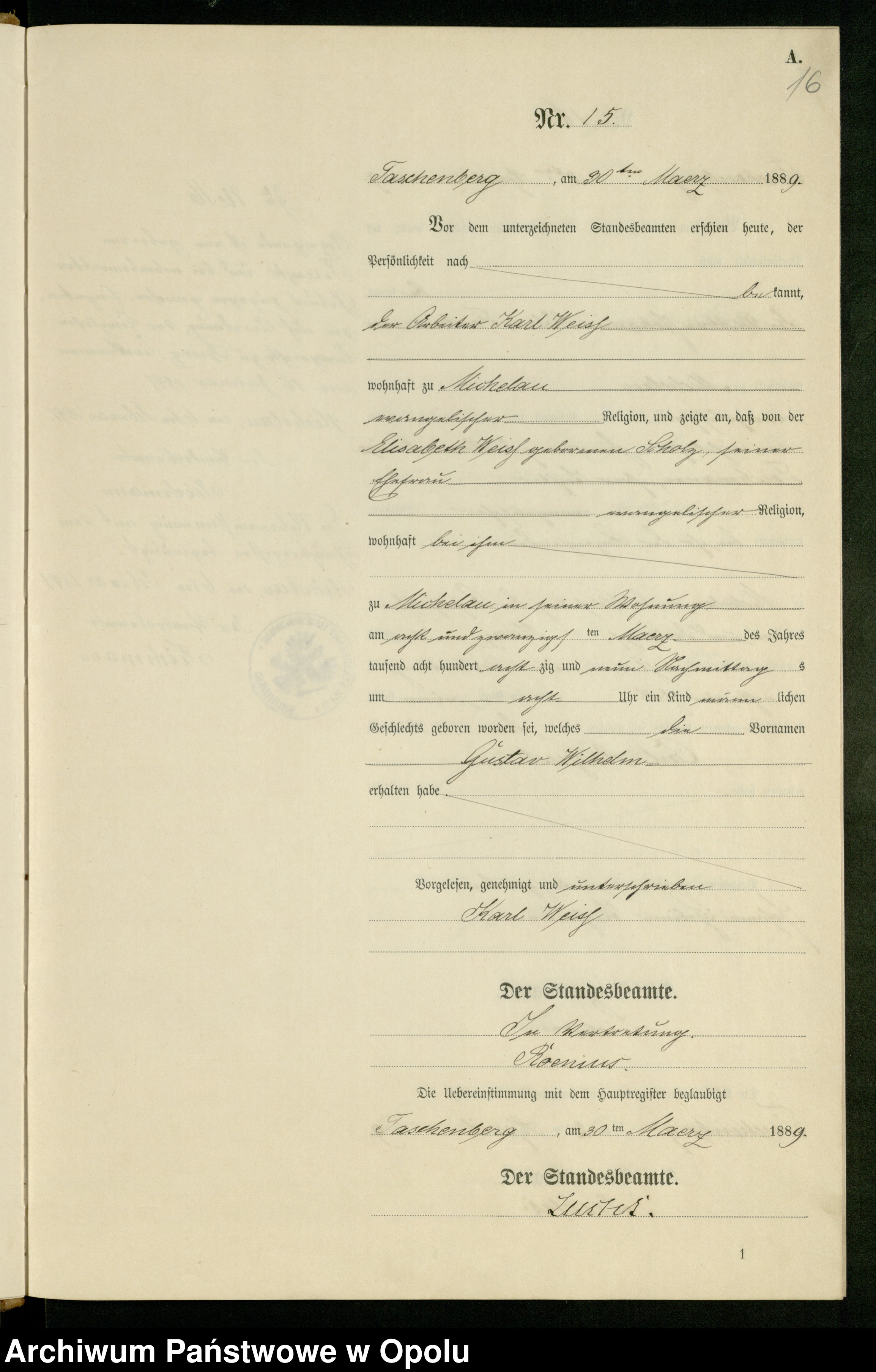Skan z jednostki: Geburts-Neben-Register Standes-Amt Taschenberg-Michelau 1889