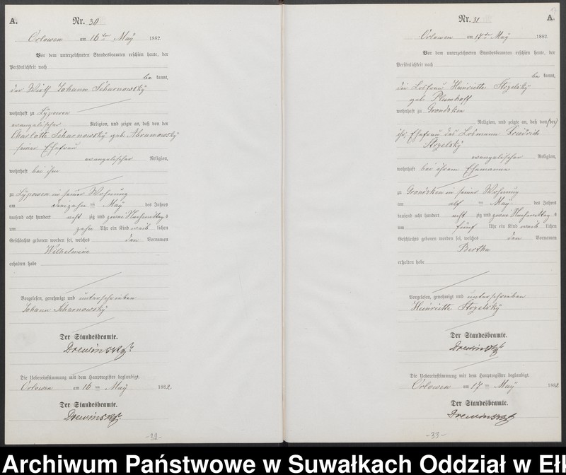 image.from.unit.number "Geburts-Neben-Register des Preussischen Standes-Amtes Orlowen Kreis Loetzen für das Jahr 1882"