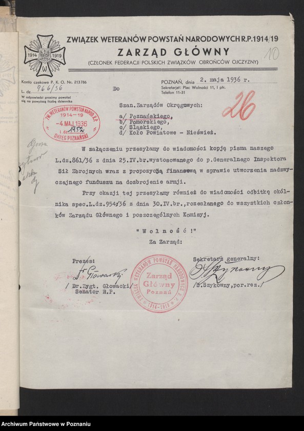 Obraz 14 z jednostki "Korespondencja Okręgu Poznańskiego Związku Weteranów Powstań Narodowych Rzeczypospolitej Polski i Związku Powstańców Wielkopolskich z Zarządem Głównym."