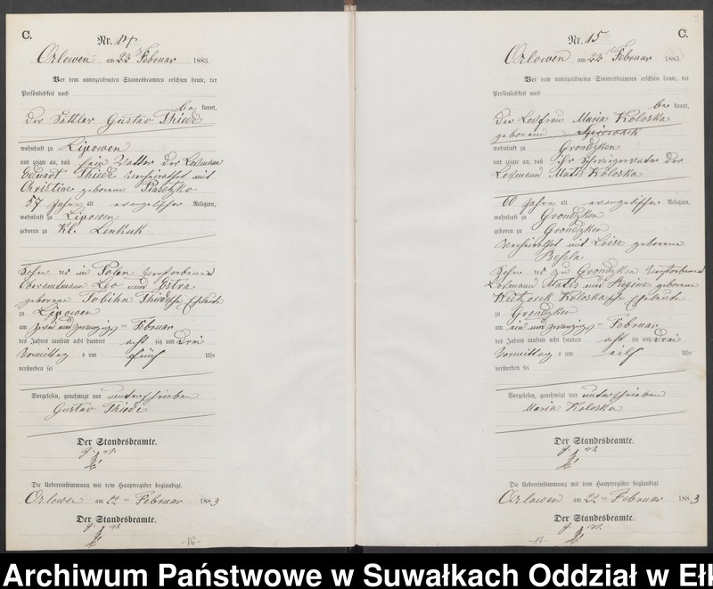 Obraz 12 z jednostki "Sterbe-Neben-Register des Preussischen Standes-Amtes Orlowen Kreis Loetzen für das Jahr 1883"