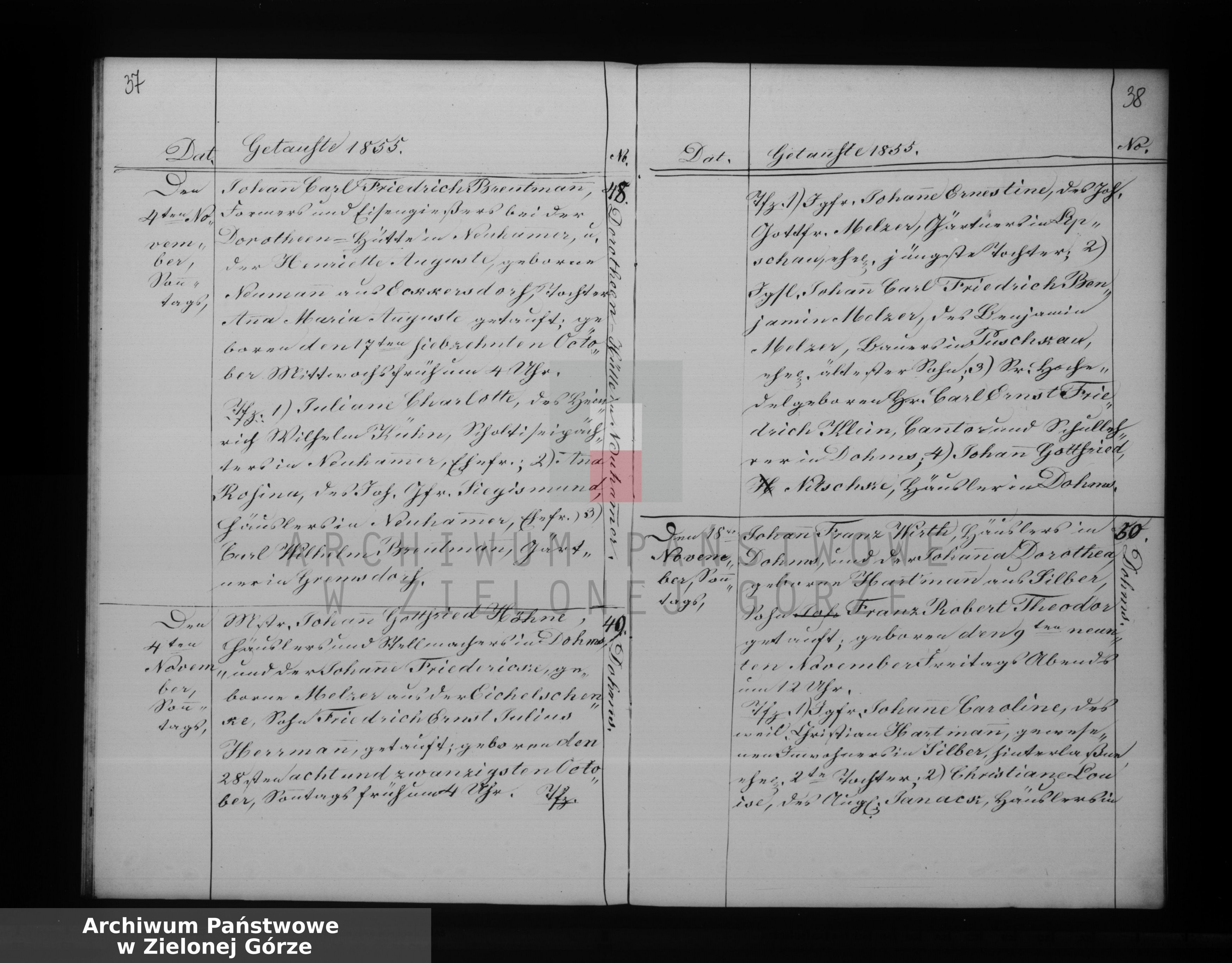 Skan z jednostki: Duplicat der in der Kirche zu Dohms Getauften, Copulirten und aufgebotenen nebst Angabe der Verstorbenen vom Jahre 1855