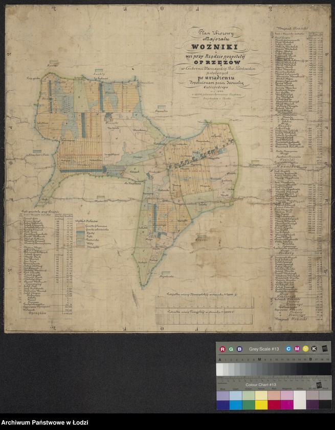 Obraz 1 z jednostki "Plan zbiorowy majoratu Woźniki i wsi przy Rządzie pozostałej Oprzędów ... po urządzeniu ... na skutek polecenia Kommisyi Rządowej Przychodów i Skarbu"