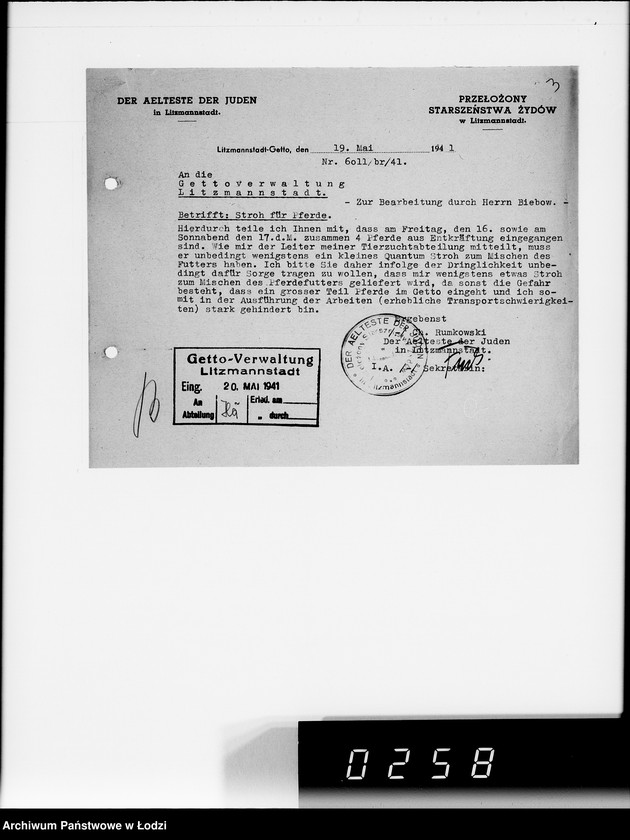 Obraz 7 z jednostki "Zuteilung von Futtermittel für die im Getto befindlichen Pferde."