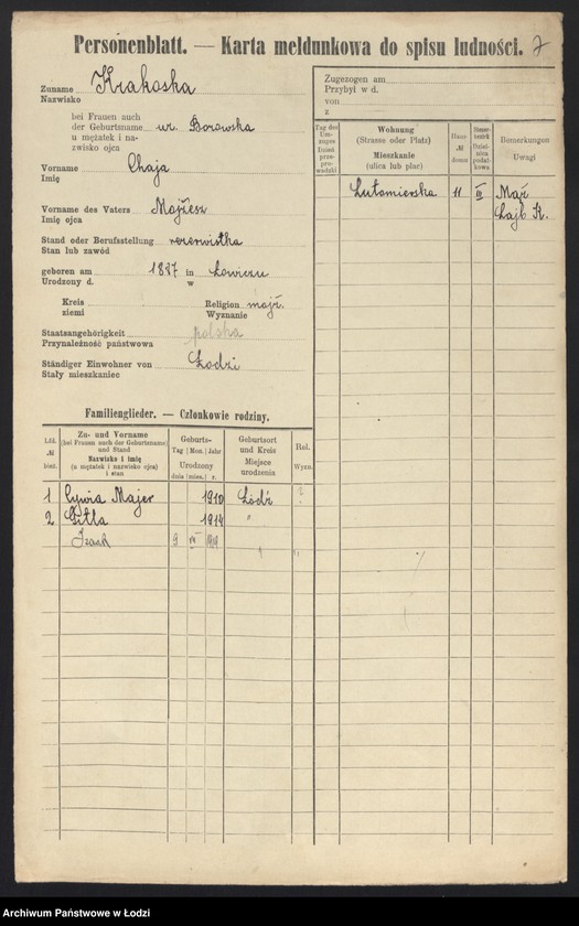 Obraz 9 z jednostki "[Spis ludności Łodzi] Krakowicz - Krasiejko"