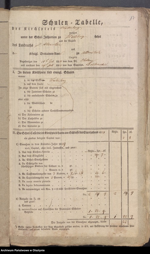 image.from.unit.number "Schulen Tabelle und Tabellarischer Bericht das Schulwesen des evangelischen Kirchspiels Wartenburg"