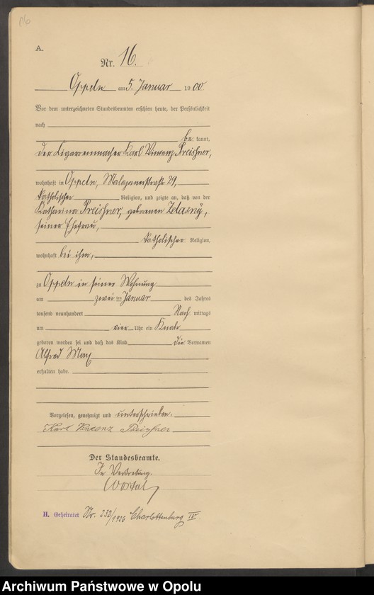 Obraz 20 z jednostki "Urząd Stanu Cywilnego w Opolu 1900 Rejestr Urodzeń Księga Miejscowa Nr 1 do 674"