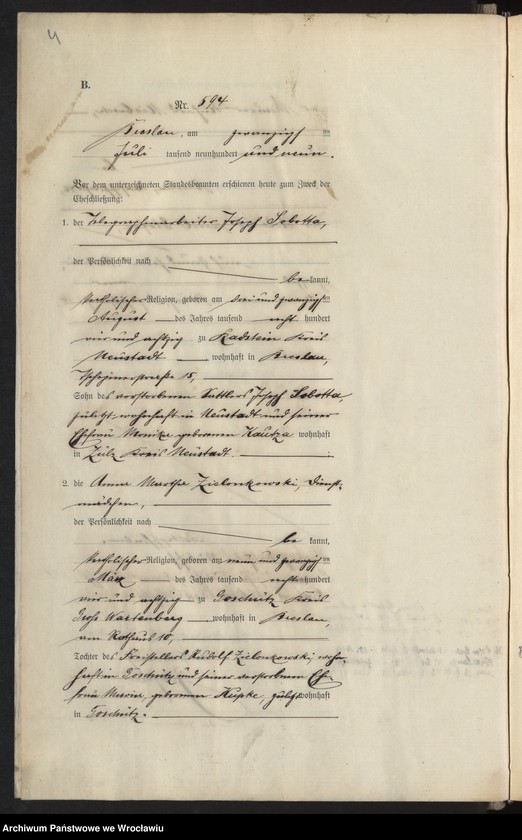 image.from.unit.number "Heiraths-Haupt-Register Breslau I 1909 Band 4"