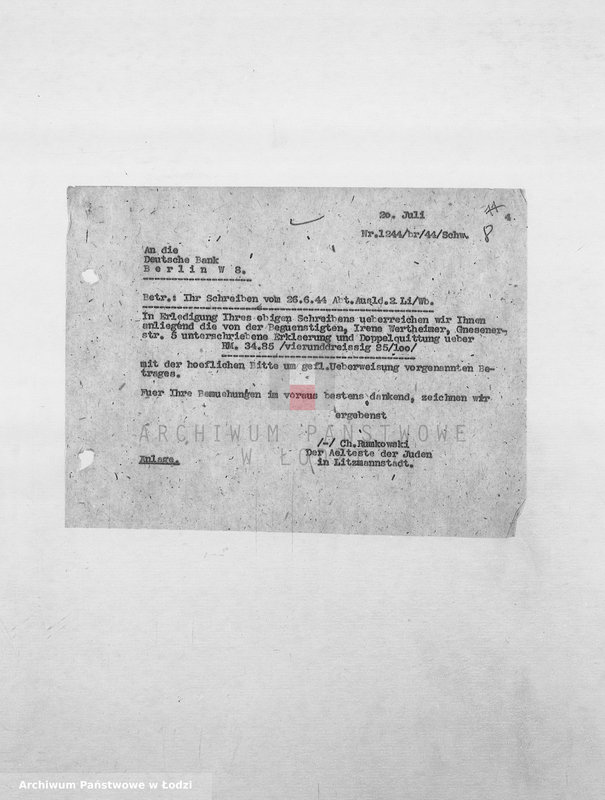 Obraz 11 z jednostki "Banken [Korespondencja PSŻ z GV i bankami niemieckimi w sprawie przekazów pieniężnych dla ludności getta]"