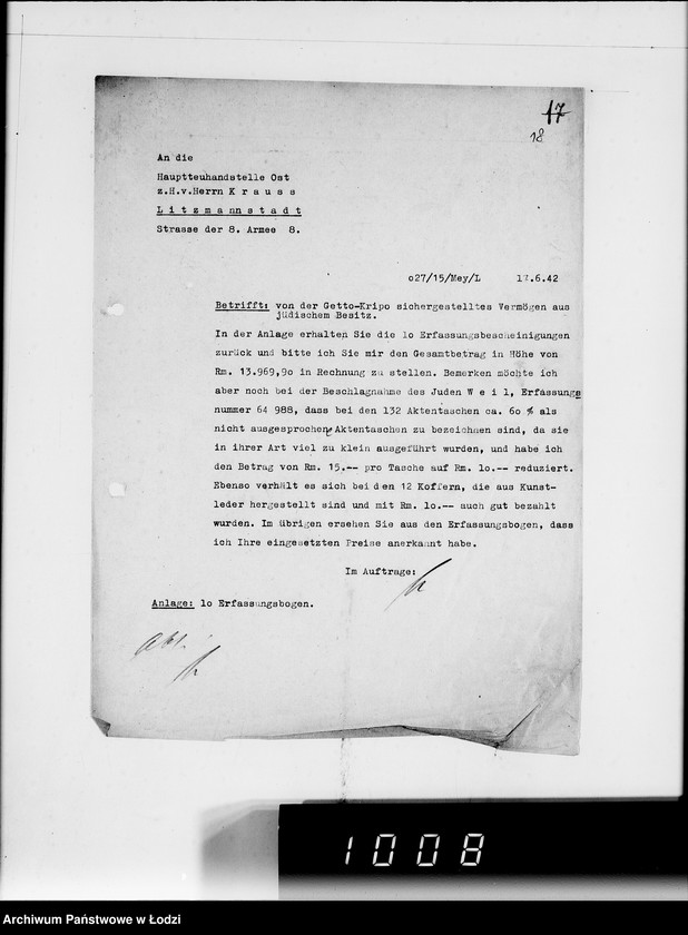 Obraz 20 z jednostki "H.T.O. [Korespondencja z Haupttreuhandstelle Ost w sprawach finansowych oraz majątku żydowskiego]"