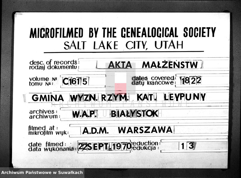 Obraz 1 z jednostki "Księga Aktów Małżeństwa Gminy Leypuńskiej od 1-o Stycznia z Roku 1822"