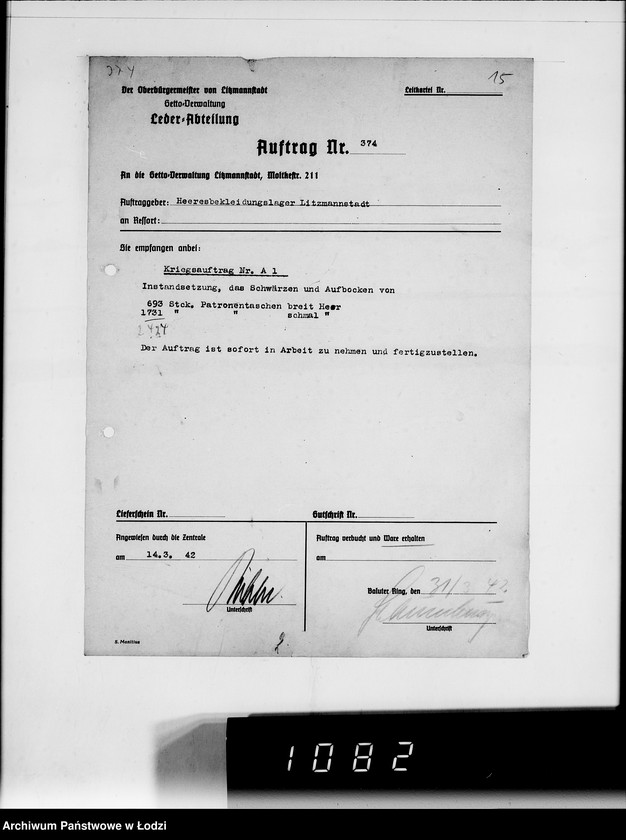 Obraz 19 z jednostki "Kriegsauftrag J.S 374 94 Patronentaschen [dla Heeresbekleidungsamt Litzmannstadt]"