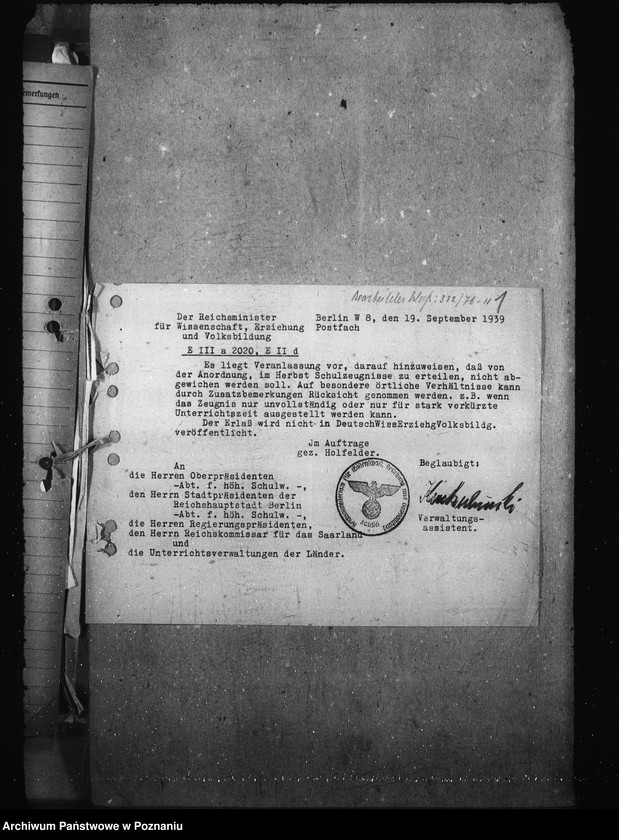 Obraz 5 z jednostki "Aufnahme der Schüler in die Oberschulen. Einsatz der Schüler in die Wehrmacht. Kinderlandverschicken. Auslese der Schülern."