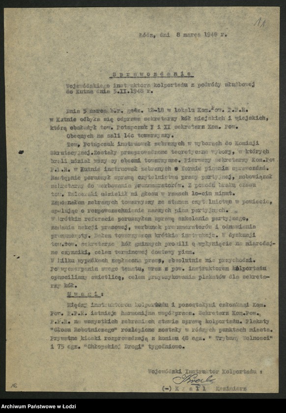 Obraz 13 z jednostki "Kolportaż - sprawozdania instruktora [wojewódzkiego] z wyjazdów w teren"