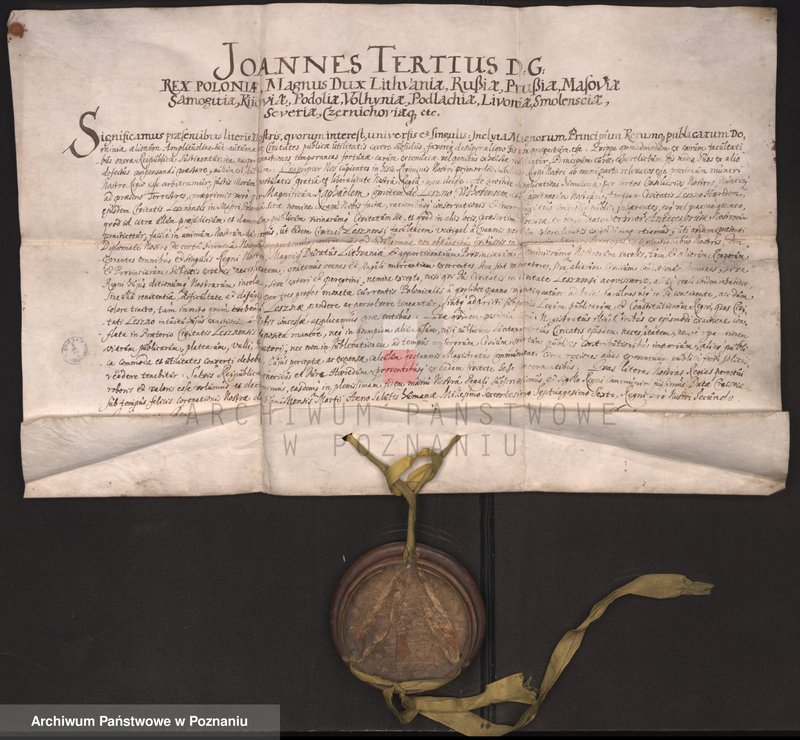 Obraz 1 z jednostki "Or. Jan III, król polski, na prośbę Rafała Leszczyńskiego, starosty wschowskiego, nadaje m. Leszno prawo pobierania podatku od sukna; j."