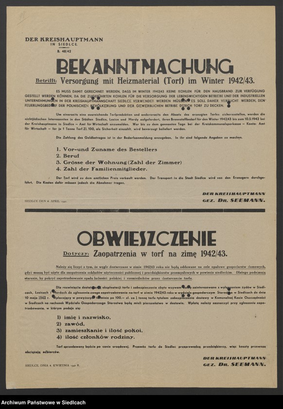 Obraz 14 z kolekcji "Afisze okupacyjne powiatu siedleckiego 1939-1944111"