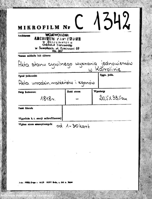 image.from.unit.number "Duplikat Akt Cywilnych z Parafii Jednowierców Karolin za rok 1848"
