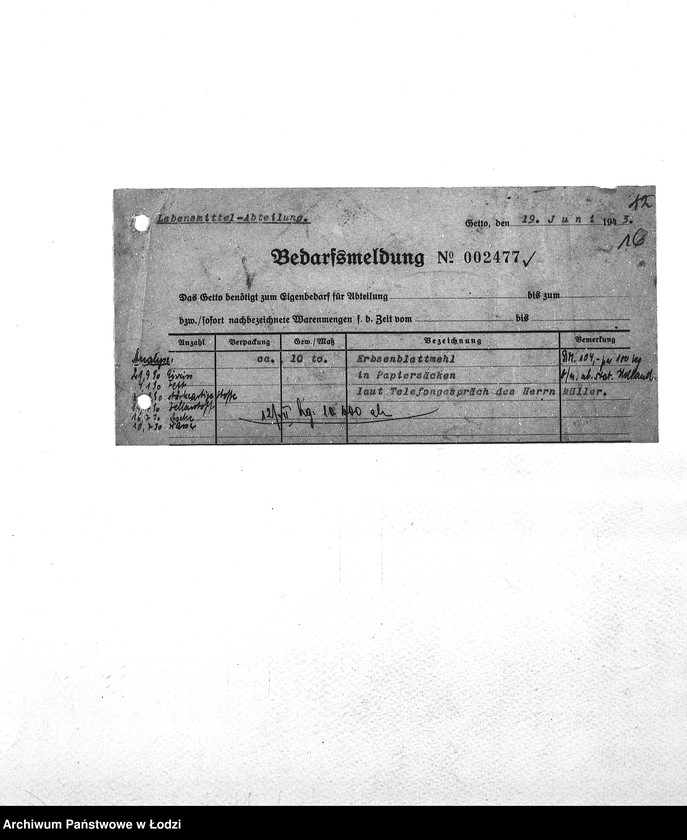 Obraz 19 z jednostki "Bedarfsmeldungen [Zapotrzebowania na żywność]"