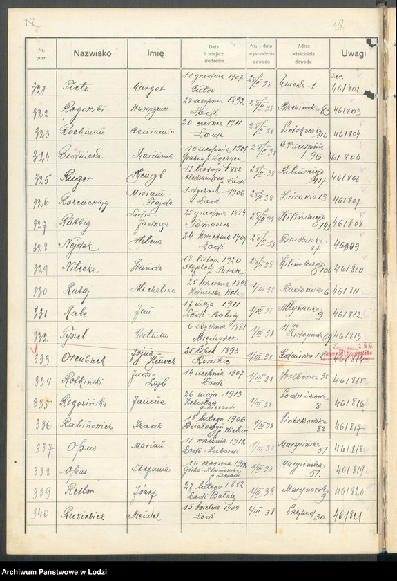 Obraz 20 z jednostki "Ewidencja dowodów osobistych wydanych przez Zarząd Miejski w Łodzi, zespół nr 6 [- nazwiska na litery N, O, R, T]"