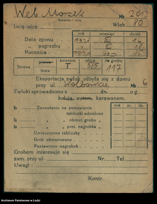 Obraz 9 z jednostki "Kartoteka osób pochowanych na cmentarzu żydowskim przy ulicy Brackiej w latach 1892-1957. Nazwiska na litery: Wd-Wis"